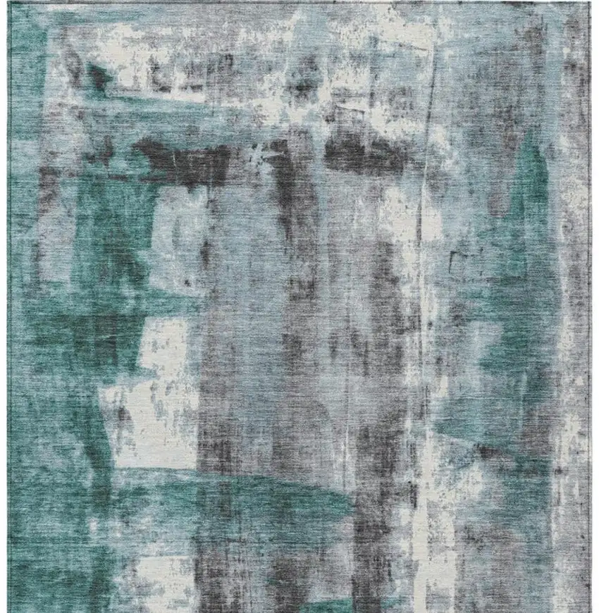 Teal Blue And Ivory Abstract Washable Indoor Outdoor Area Rug Photo 1