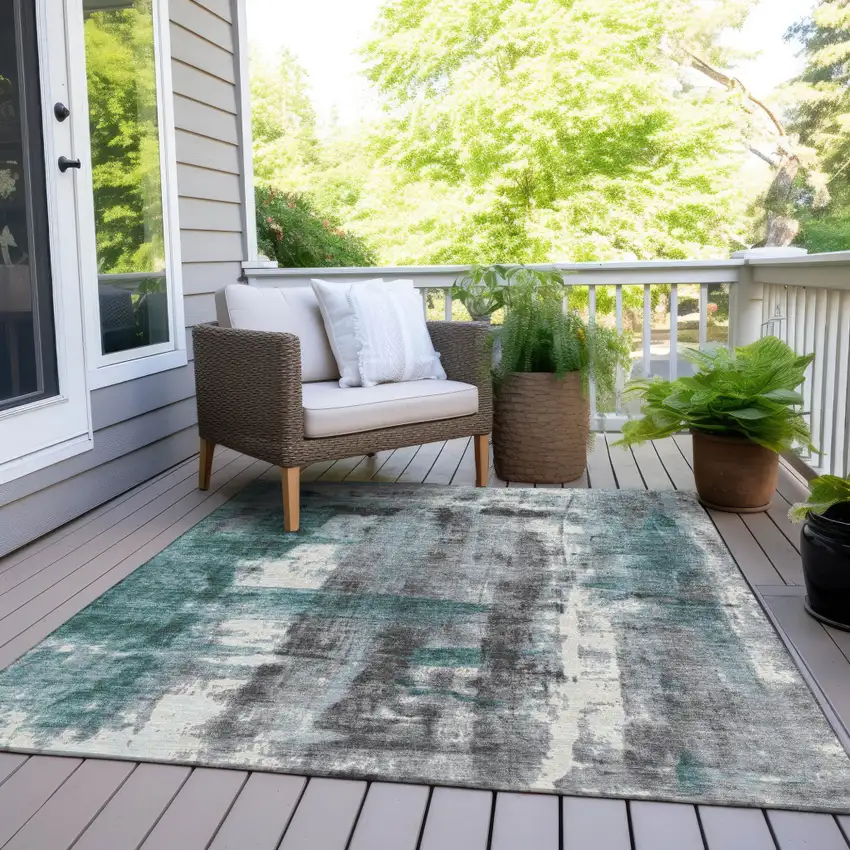Teal Blue And Ivory Abstract Washable Indoor Outdoor Area Rug Photo 7