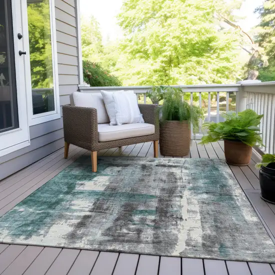 Teal Blue And Ivory Abstract Washable Indoor Outdoor Area Rug Photo 6