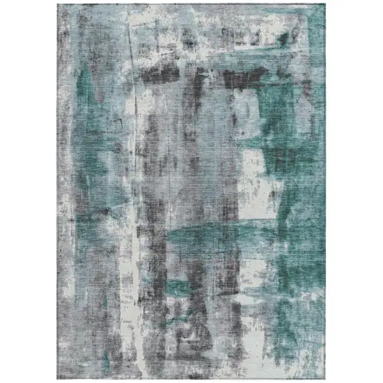 Teal Blue And Ivory Abstract Washable Indoor Outdoor Area Rug Photo 8