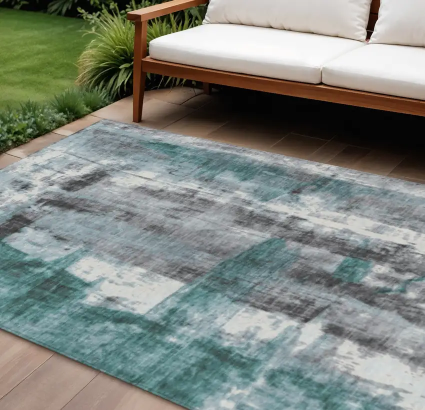 Teal Blue And Ivory Abstract Washable Indoor Outdoor Area Rug Photo 2