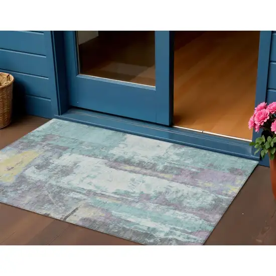 Teal Blue And Ivory Abstract Washable Indoor Outdoor Area Rug Photo 2