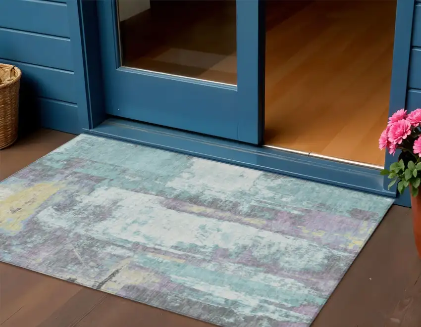 Teal Blue And Ivory Abstract Washable Indoor Outdoor Area Rug Photo 2