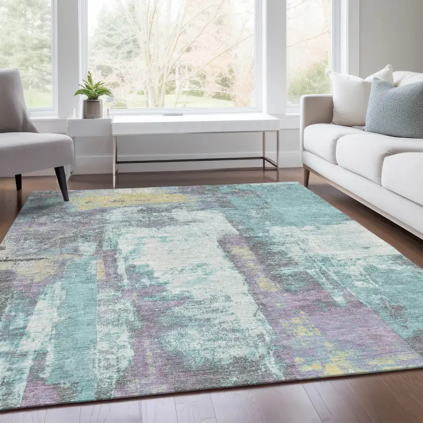Teal Blue And Ivory Abstract Washable Indoor Outdoor Area Rug Photo 7