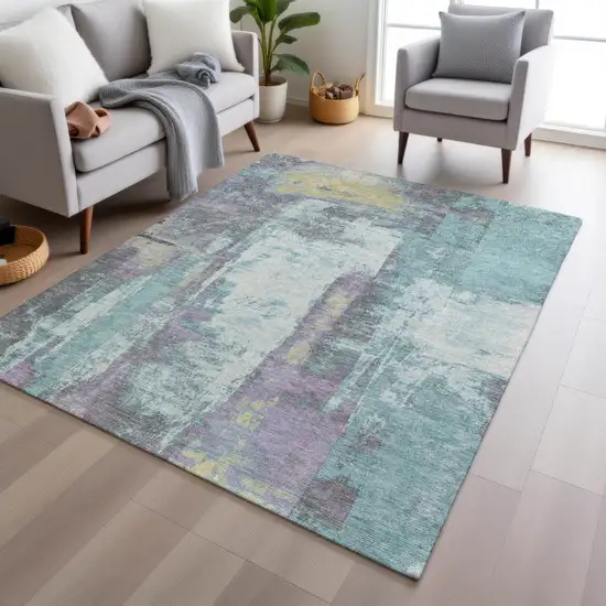 Teal Blue And Ivory Abstract Washable Indoor Outdoor Area Rug Photo 6