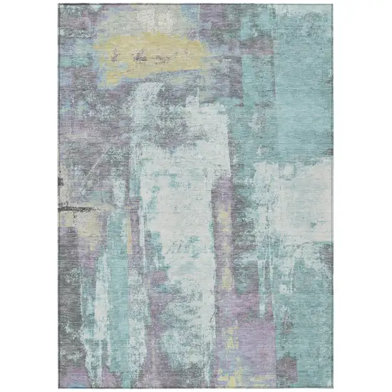 Teal Blue And Ivory Abstract Washable Indoor Outdoor Area Rug Photo 1