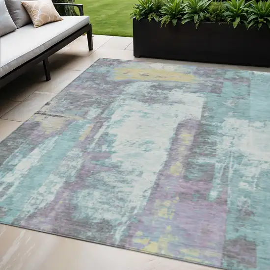 Teal Blue And Ivory Abstract Washable Indoor Outdoor Area Rug Photo 2