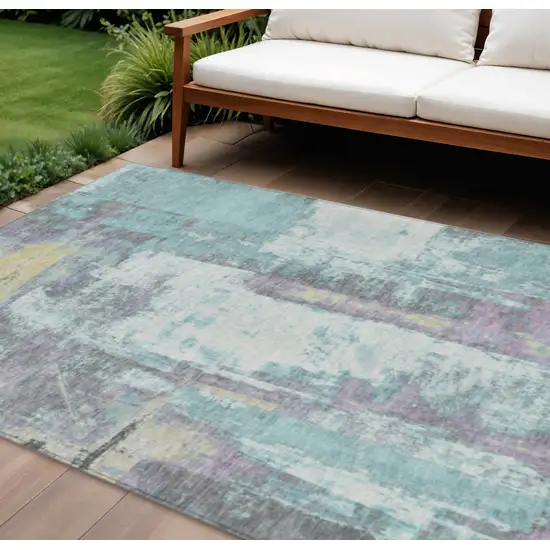 Teal Blue And Ivory Abstract Washable Indoor Outdoor Area Rug Photo 2