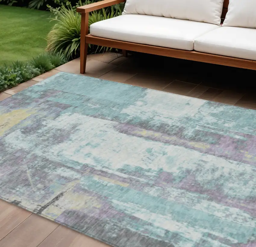 Teal Blue And Ivory Abstract Washable Indoor Outdoor Area Rug Photo 2
