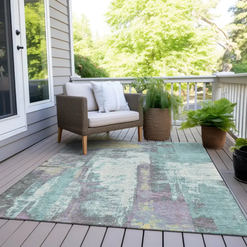 Teal Blue And Ivory Abstract Washable Indoor Outdoor Area Rug Photo 8