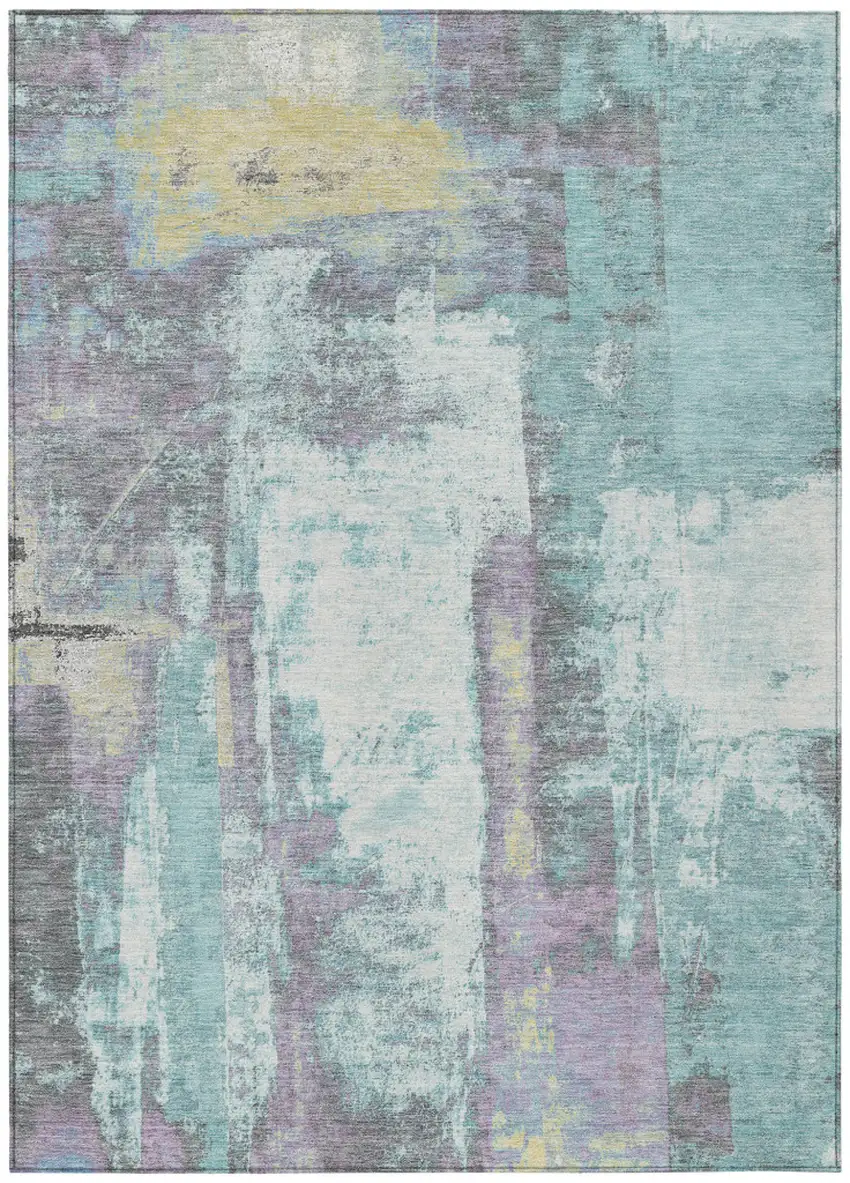 Teal Blue And Ivory Abstract Washable Indoor Outdoor Area Rug Photo 1