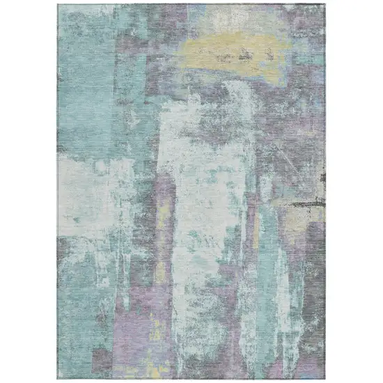Teal Blue And Ivory Abstract Washable Indoor Outdoor Area Rug Photo 4