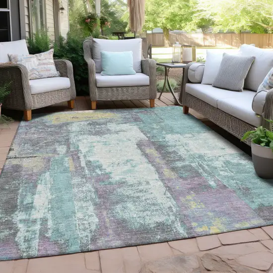Teal Blue And Ivory Abstract Washable Indoor Outdoor Area Rug Photo 5
