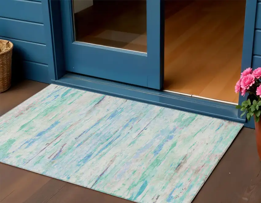 Teal Blue And Ivory Abstract Washable Indoor Outdoor Area Rug Photo 2
