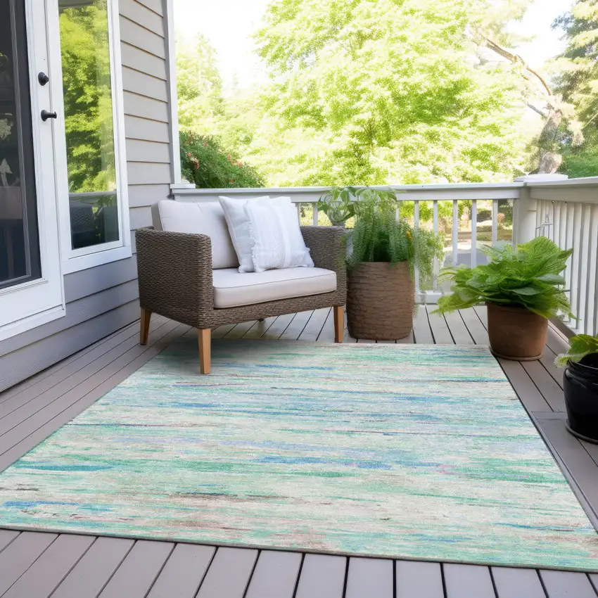 Teal Blue And Ivory Abstract Washable Indoor Outdoor Area Rug Photo 8