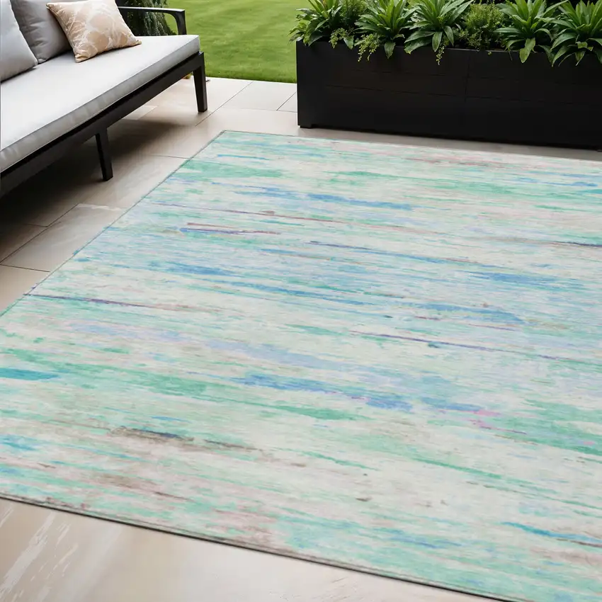 Teal Blue And Ivory Abstract Washable Indoor Outdoor Area Rug Photo 2