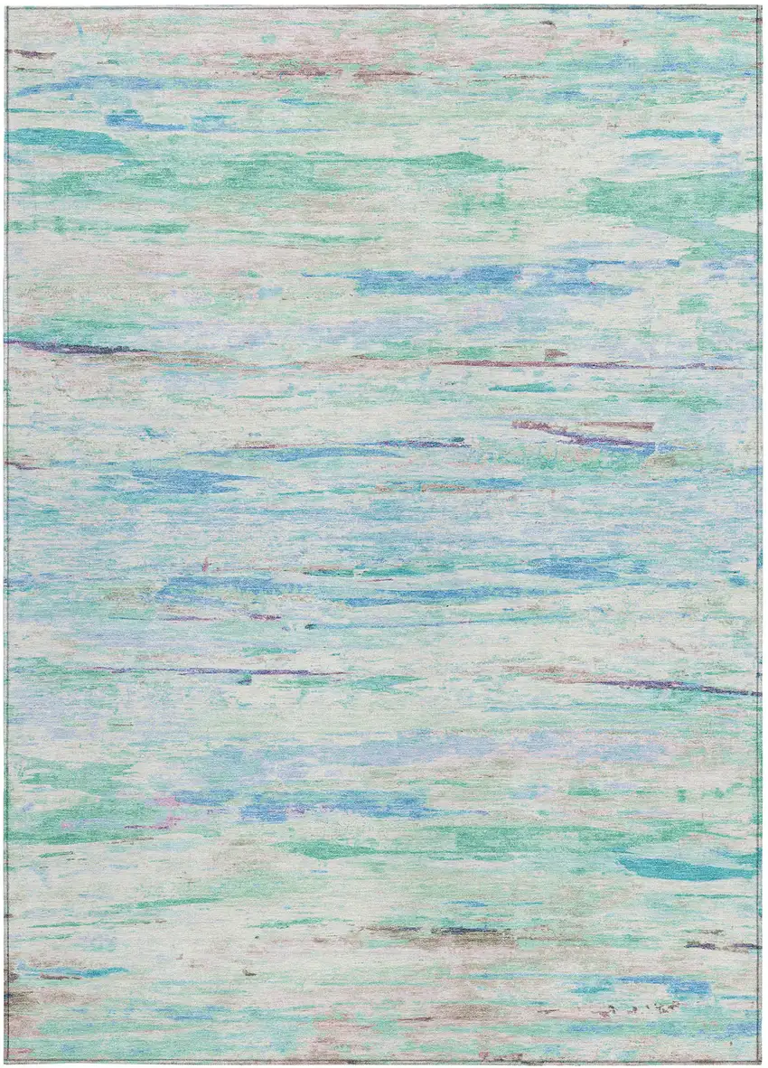 Teal Blue And Ivory Abstract Washable Indoor Outdoor Area Rug Photo 4