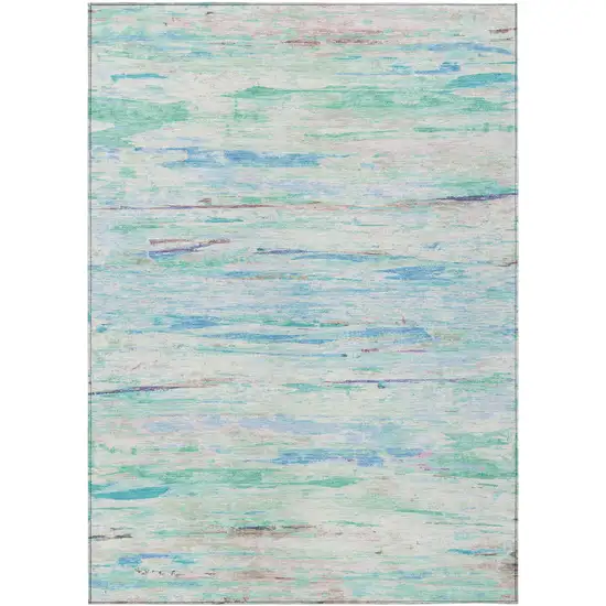 Teal Blue And Ivory Abstract Washable Indoor Outdoor Area Rug Photo 1