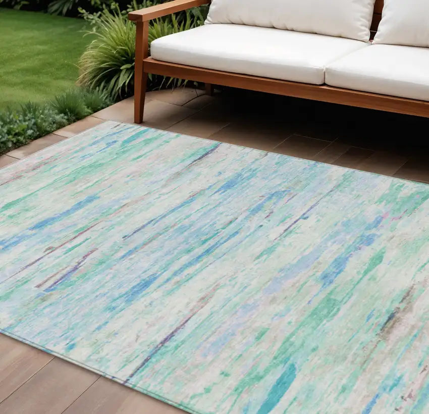 Teal Blue And Ivory Abstract Washable Indoor Outdoor Area Rug Photo 2