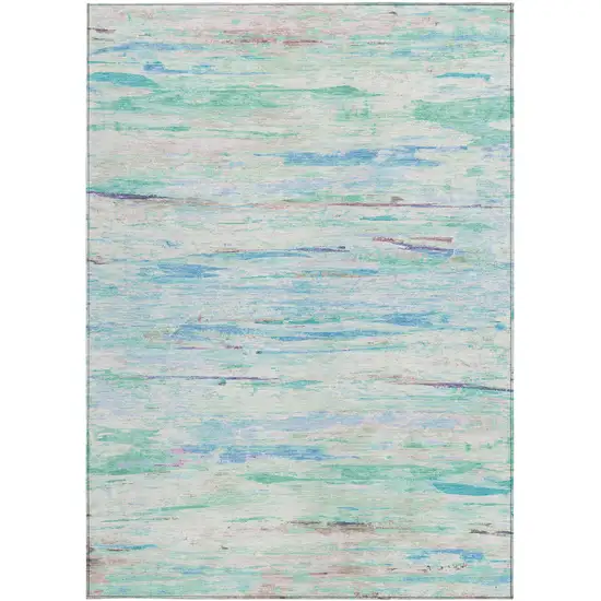 Teal Blue And Ivory Abstract Washable Indoor Outdoor Area Rug Photo 1