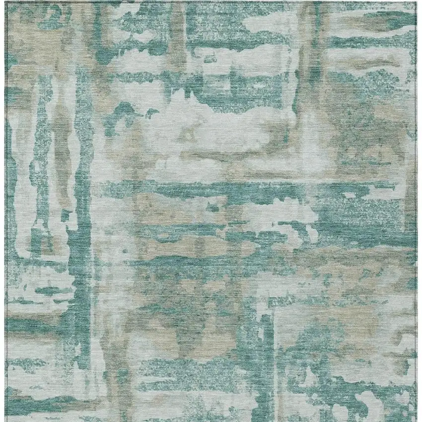 Teal Blue And Ivory Abstract Washable Indoor Outdoor Area Rug Photo 9