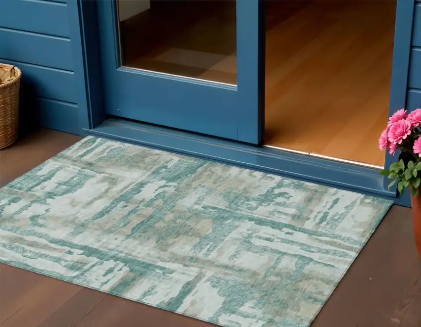 Teal Blue And Ivory Abstract Washable Indoor Outdoor Area Rug Photo 2