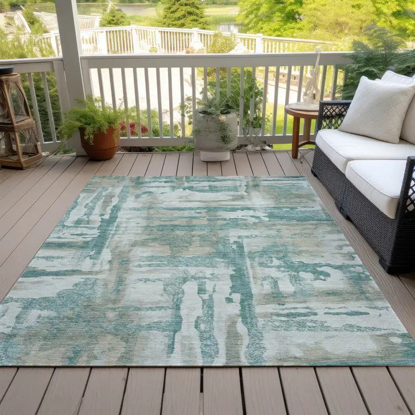 Teal Blue And Ivory Abstract Washable Indoor Outdoor Area Rug Photo 6