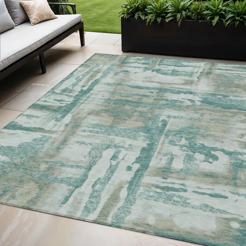 Teal Blue And Ivory Abstract Washable Indoor Outdoor Area Rug Photo 2