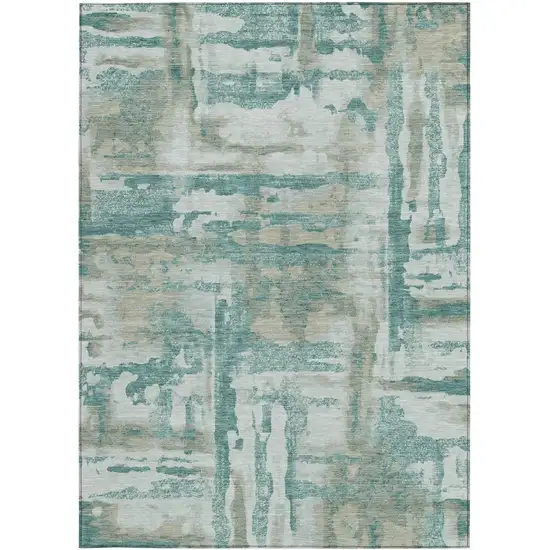 Teal Blue And Ivory Abstract Washable Indoor Outdoor Area Rug Photo 9