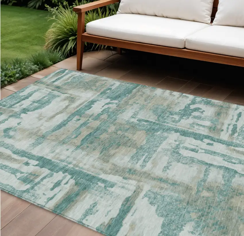 Teal Blue And Ivory Abstract Washable Indoor Outdoor Area Rug Photo 2