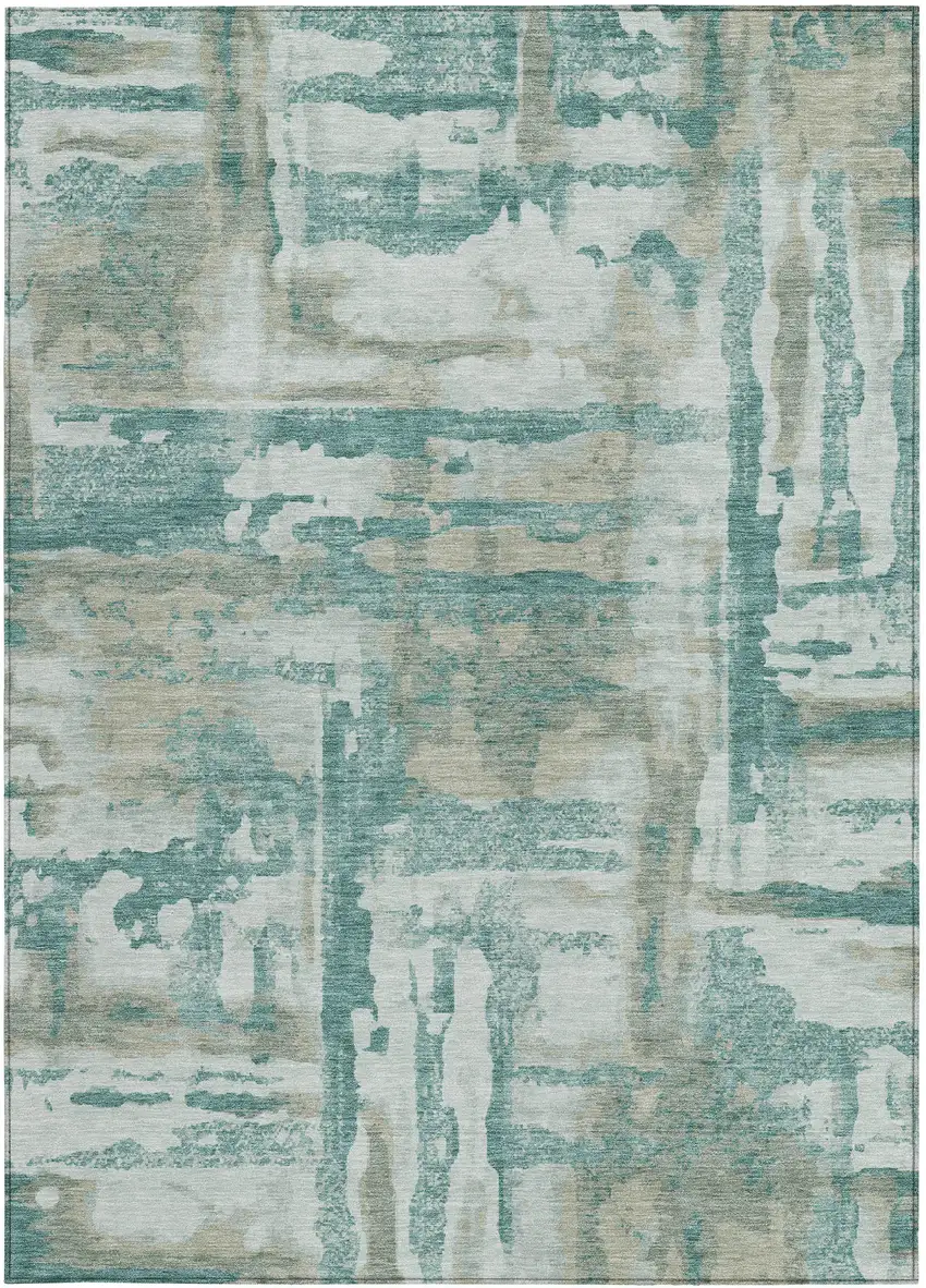 Teal Blue And Ivory Abstract Washable Indoor Outdoor Area Rug Photo 8