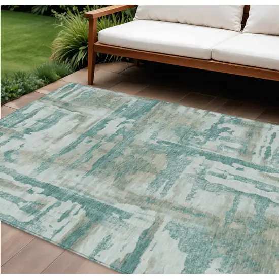 Teal Blue And Ivory Abstract Washable Indoor Outdoor Area Rug Photo 2