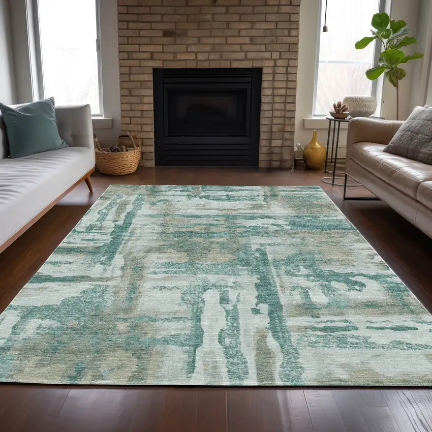 Teal Blue And Ivory Abstract Washable Indoor Outdoor Area Rug Photo 4