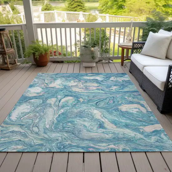 Teal Blue And Ivory Abstract Washable Indoor Outdoor Area Rug Photo 8
