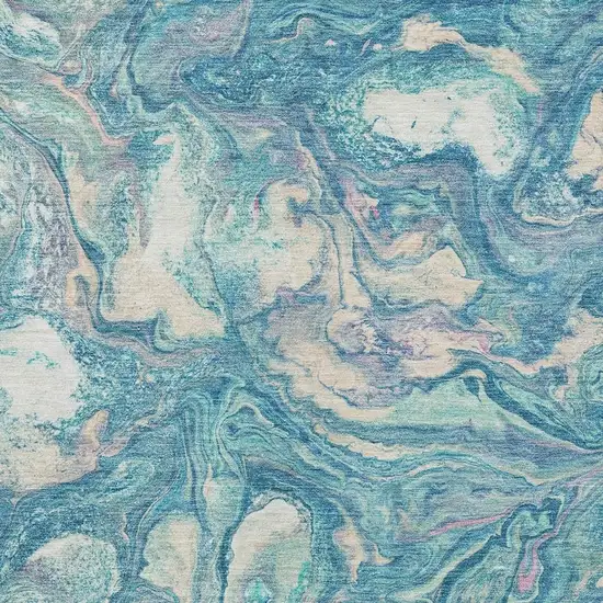 Teal Blue And Ivory Abstract Washable Indoor Outdoor Area Rug Photo 7