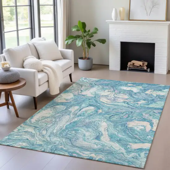 Teal Blue And Ivory Abstract Washable Indoor Outdoor Area Rug Photo 6