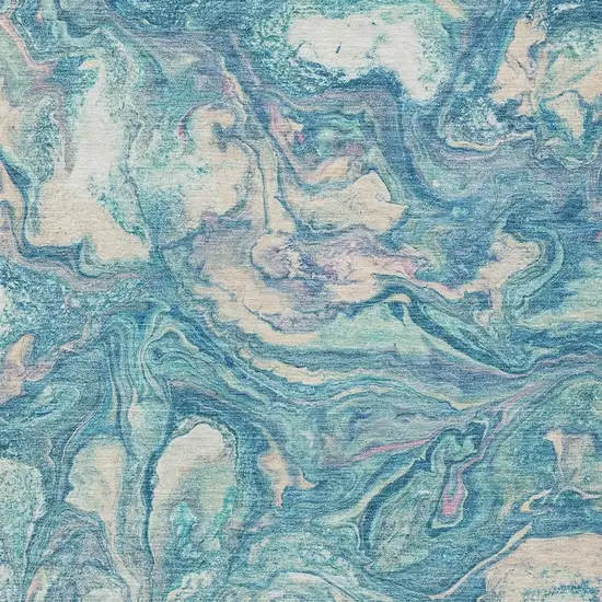 Teal Blue And Ivory Abstract Washable Indoor Outdoor Area Rug Photo 3