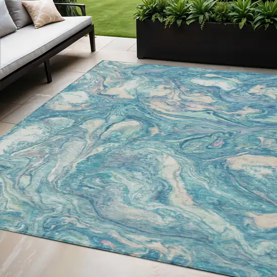 Teal Blue And Ivory Abstract Washable Indoor Outdoor Area Rug Photo 2