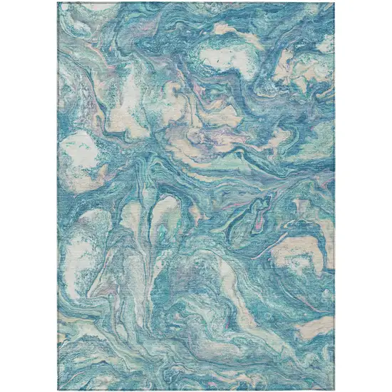 Teal Blue And Ivory Abstract Washable Indoor Outdoor Area Rug Photo 1