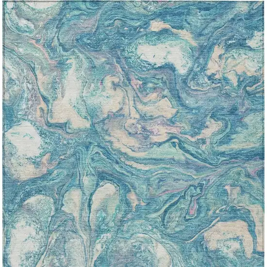 Teal Blue And Ivory Abstract Washable Indoor Outdoor Area Rug Photo 4