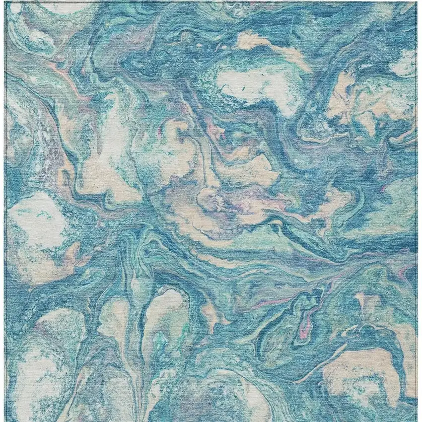 Teal Blue And Ivory Abstract Washable Indoor Outdoor Area Rug Photo 4