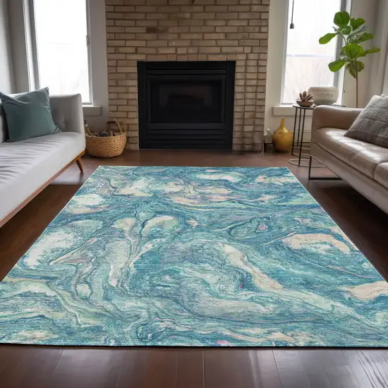 Teal Blue And Ivory Abstract Washable Indoor Outdoor Area Rug Photo 6