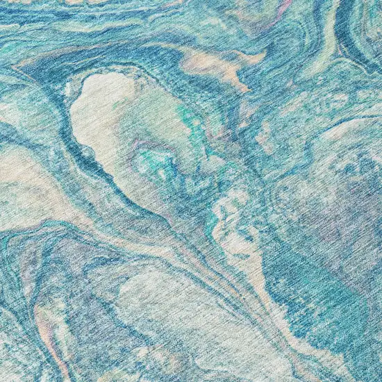 Teal Blue And Ivory Abstract Washable Indoor Outdoor Area Rug Photo 8