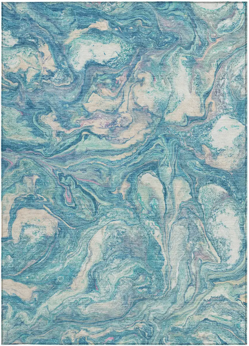 Teal Blue And Ivory Abstract Washable Indoor Outdoor Area Rug Photo 1