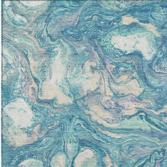 Teal Blue And Ivory Abstract Washable Indoor Outdoor Area Rug Photo 6