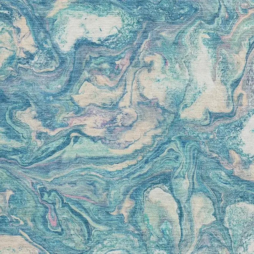 Teal Blue And Ivory Abstract Washable Indoor Outdoor Area Rug Photo 3