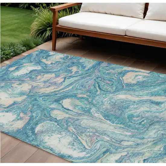 Teal Blue And Ivory Abstract Washable Indoor Outdoor Area Rug Photo 2