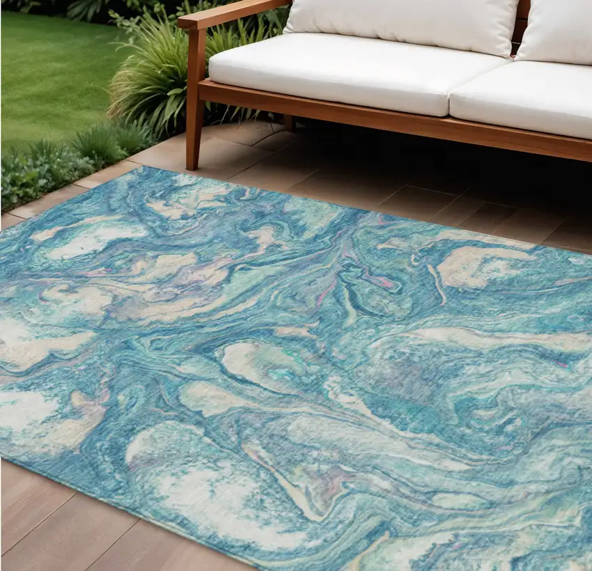 Teal Blue And Ivory Abstract Washable Indoor Outdoor Area Rug Photo 2