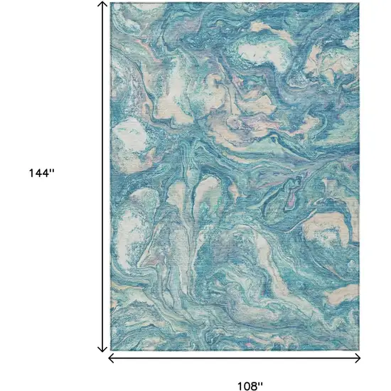 Teal Blue And Ivory Abstract Washable Indoor Outdoor Area Rug Photo 9