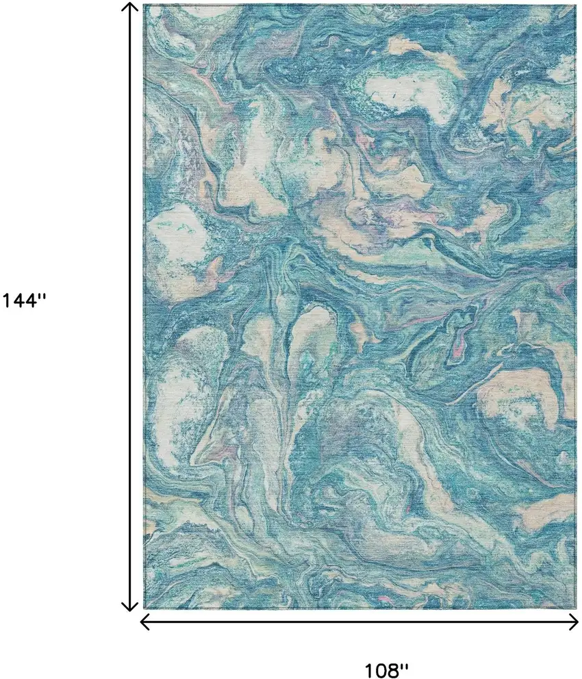 Teal Blue And Ivory Abstract Washable Indoor Outdoor Area Rug Photo 9